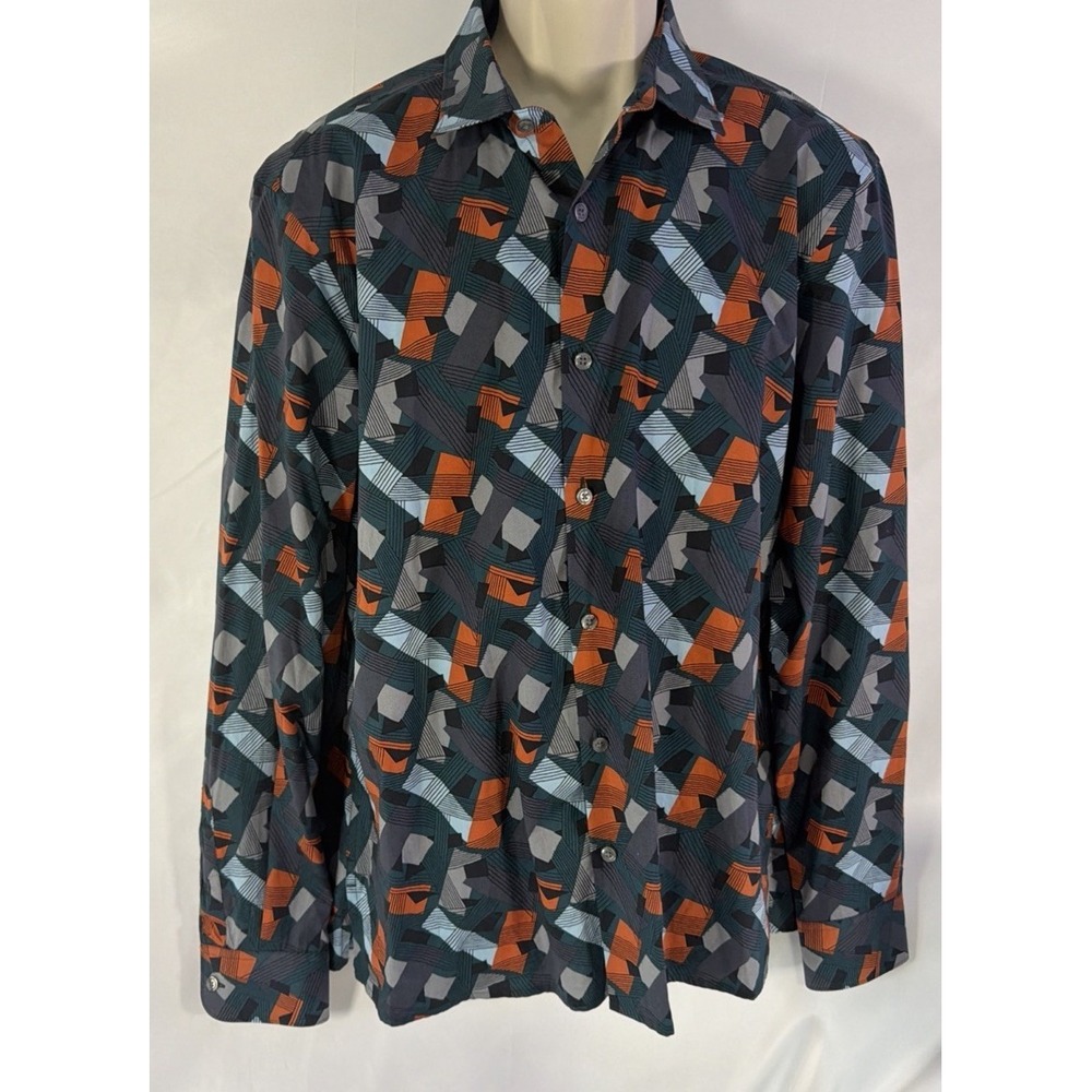 Perry Ellis Men's Large Graphic Print Button Down Shirt Green Orange Geometric